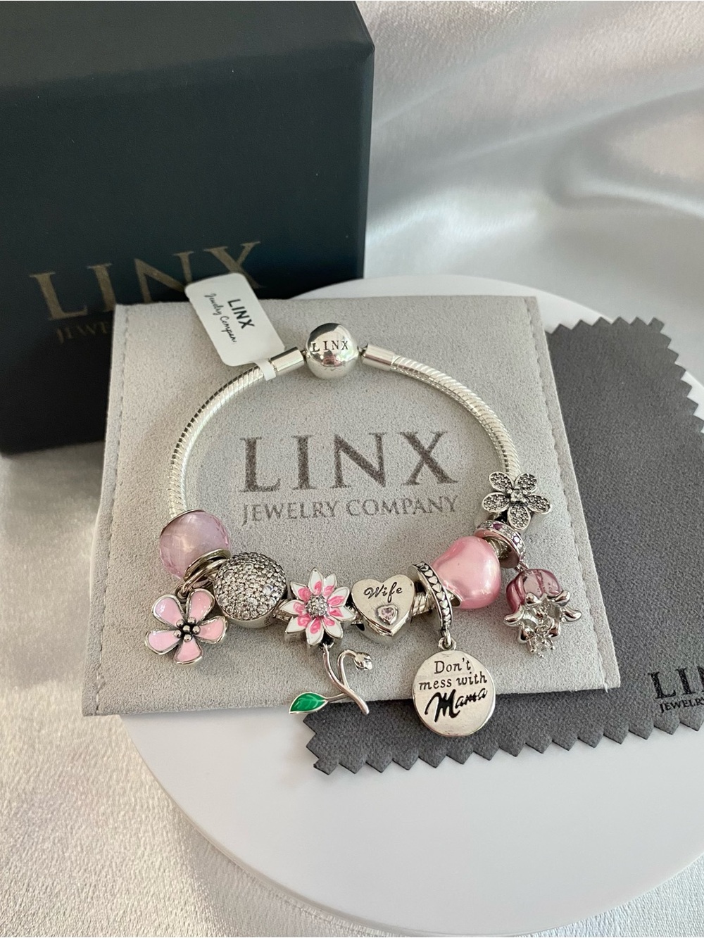 Linx Snake Chain Bracelet with Wife and Mom Themed Charms